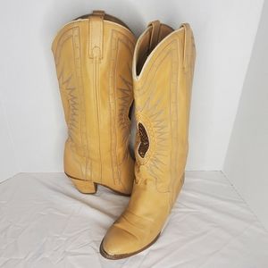 Acme Vintage Brown Leather Snakeskin Insert Stacked Wood Heel Boots Size 7M 6.5M